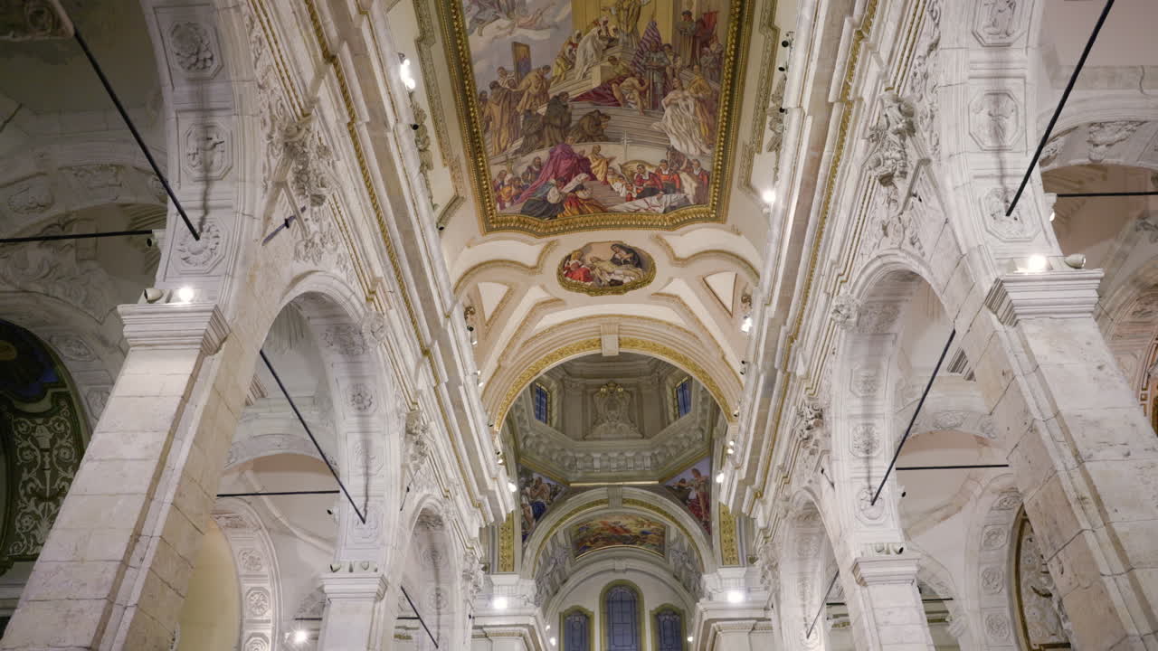 Frescoed vault of the Cathedral of Santa Maria Assunta and Santa Cecilia of Cagliari. Archiepiscopal Church of Cagliari with baroque architecture