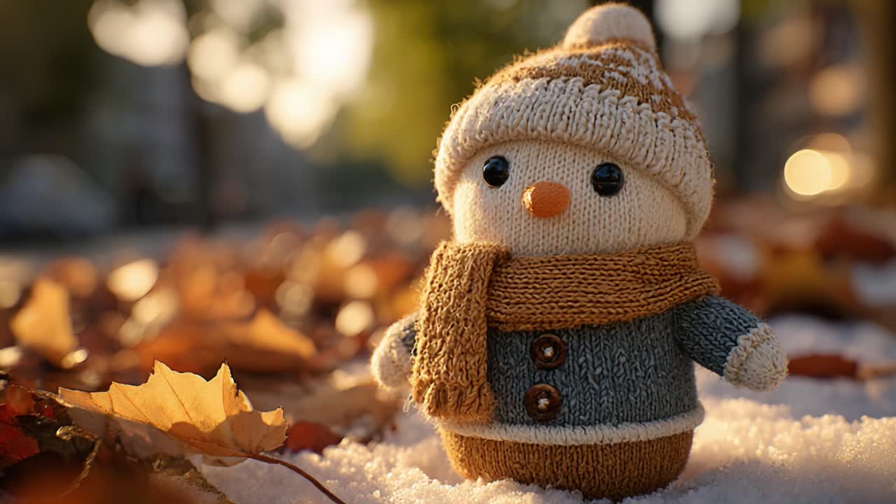 Charming Snowman Figurine in Autumn Leaves: A Delightful Scene with Warm Sweater and Cute Hat Captures the Essence of Seasonal Cheer and Cozy Moments
