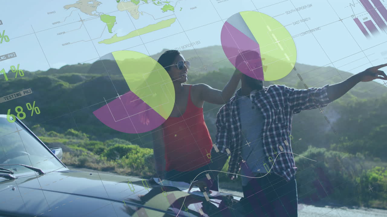 Woman leaning on car hood, man pointing forward, highlighting finance pie chart world map bar chart