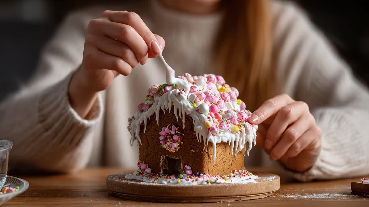 Creative Hands Decorating a Gingerbread House with Colorful Candy and Icing for a Festive Holiday Celebration, Showcasing Intricate Designs and Sweet Treats
