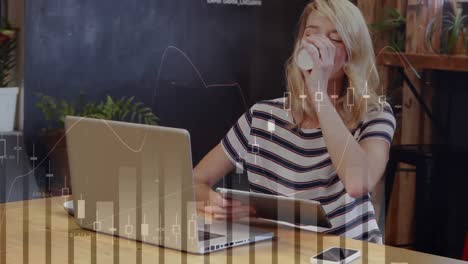 Animation-of-multiple-graphs-over-caucasian-woman-drinking-coffee-and-using-digital-tablet