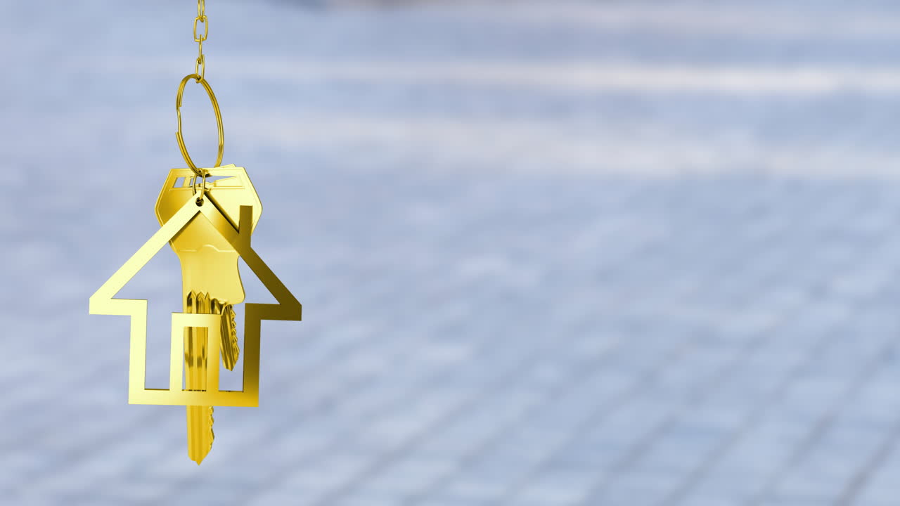 Golden house-shaped keychain animation over blurred background