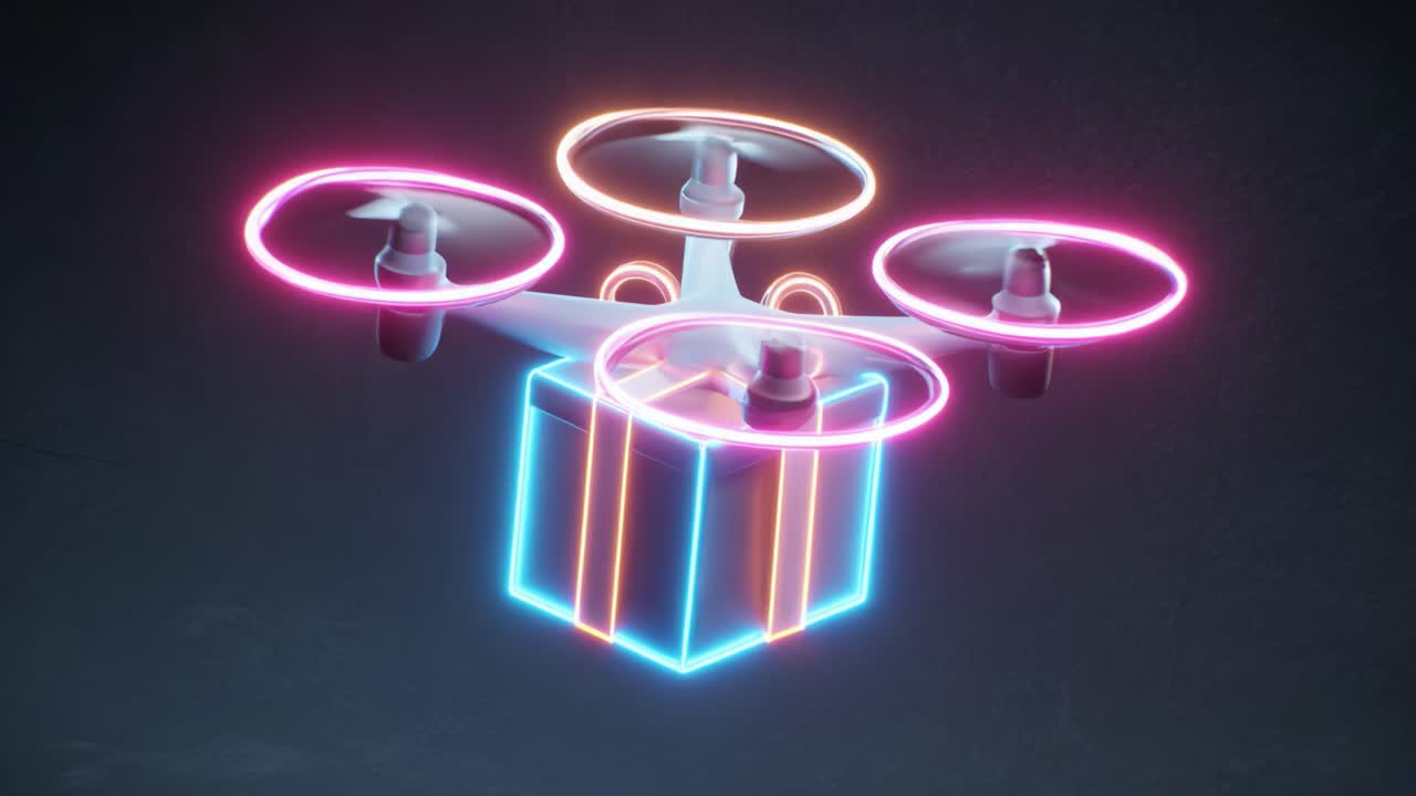 A futuristic drone carrying a glowing gift box with vibrant neon lights, showcasing advanced technology and innovative design, ideal for modern delivery services or festive occasions