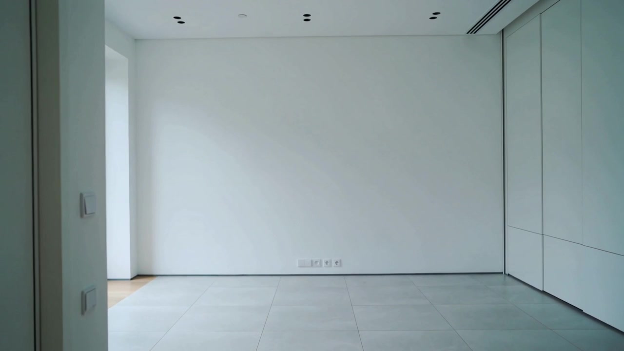Câmera se movendo do limiar da entrada, centralizando uma parede vazia para encenação, revelando uma janela envidraçada.