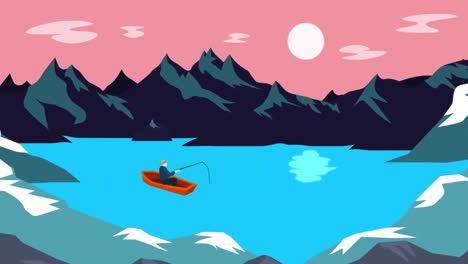 animation of man fishing on boat over mountains