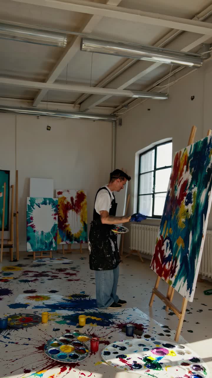 Aerial view of an artist painting a colorful abstract canvas in a sunlit studio, with splattered