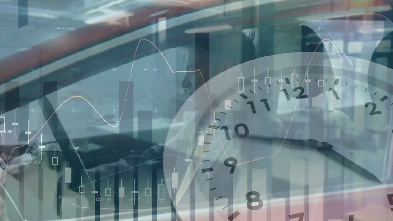 animación de estadísticas con procesamiento de datos y reloj sobre el hombre caucásico entrando en un coche