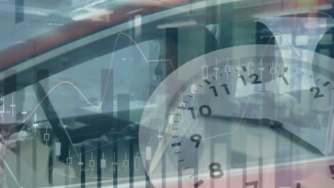 animation of statistics with data processing and clock ticking over caucasian man going into a car