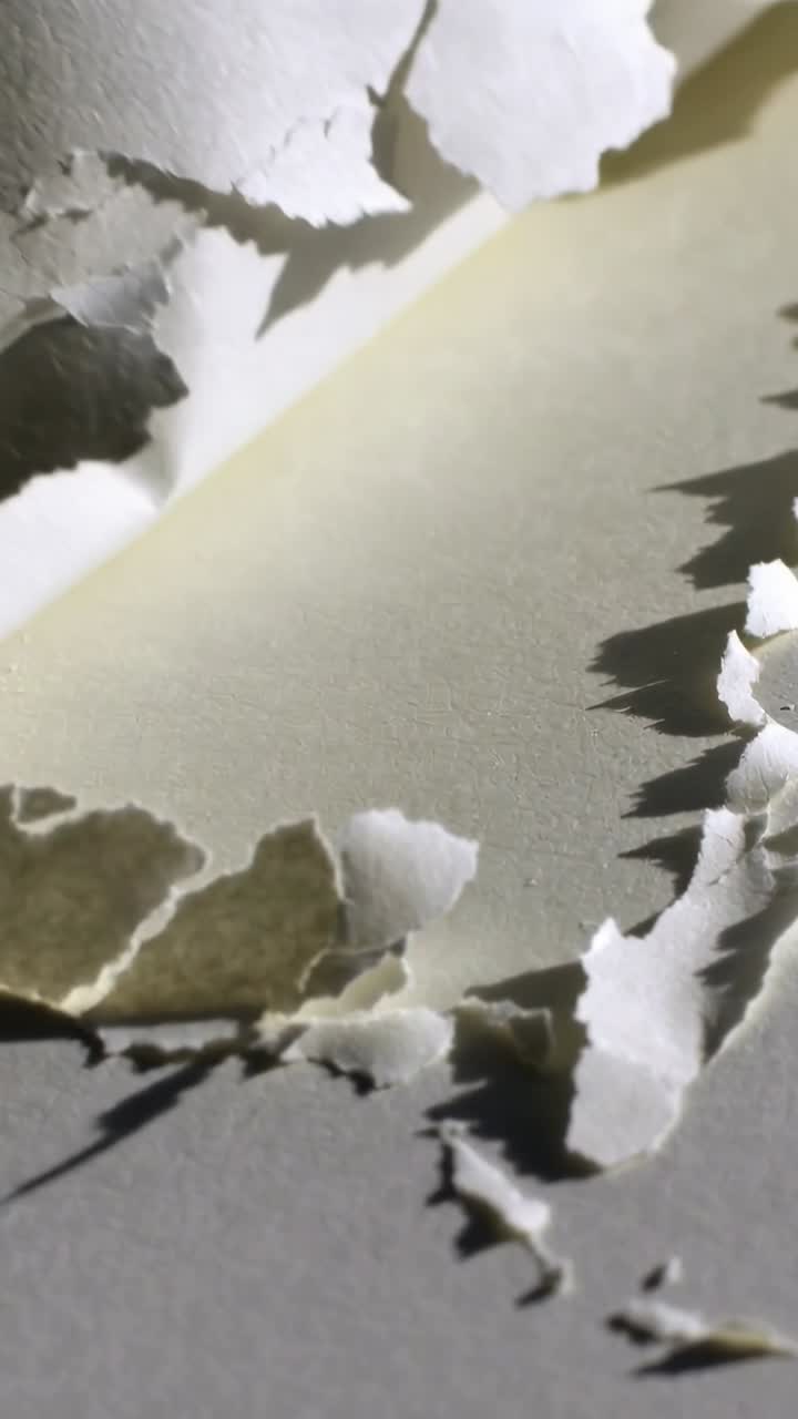 Vertical video: Peeling after jagged tear, torn paper showing pale backing on desk, debris falling
