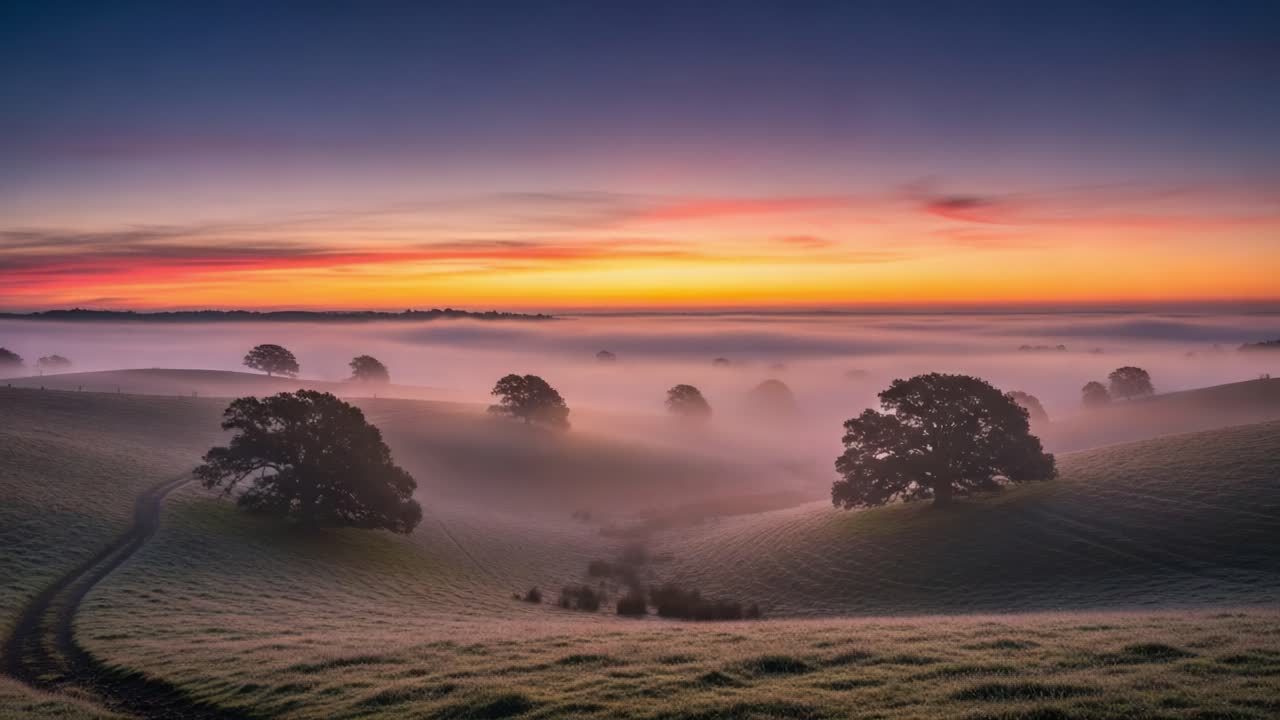 A Serene Dawn Over Misty Hills: Captivating Landscape at Sunrise with Rolling Green Fields, Silhouetted Trees, and Ethereal Fog Creating a Peaceful Atmosphere