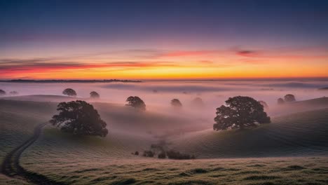 a serene dawn over misty hills: captivating landscape at sunrise with rolling green fields, silhouetted trees, and ethereal fog creating a peaceful atmosphere