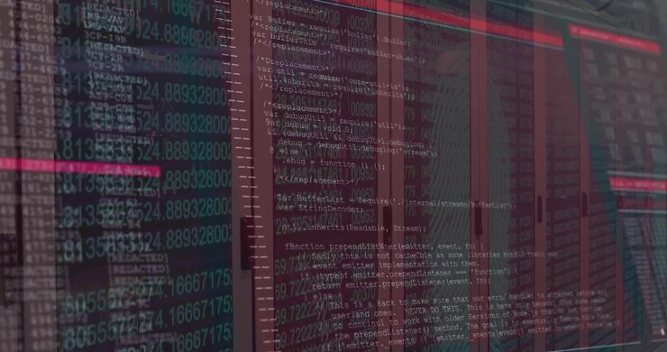 Red scanning line moving across server cabinets initiating code overlay visualizing data processing