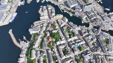 birdseye aerial view of alesund, norway, city downtown buildings and strait between islands, high angle drone shot