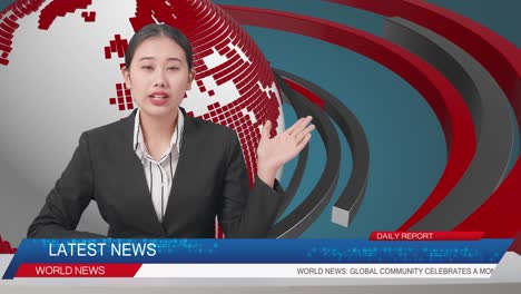 Live News Studio With Asian Professional Female Anchor Pointing To Side While Reporting On The Events Of The Day