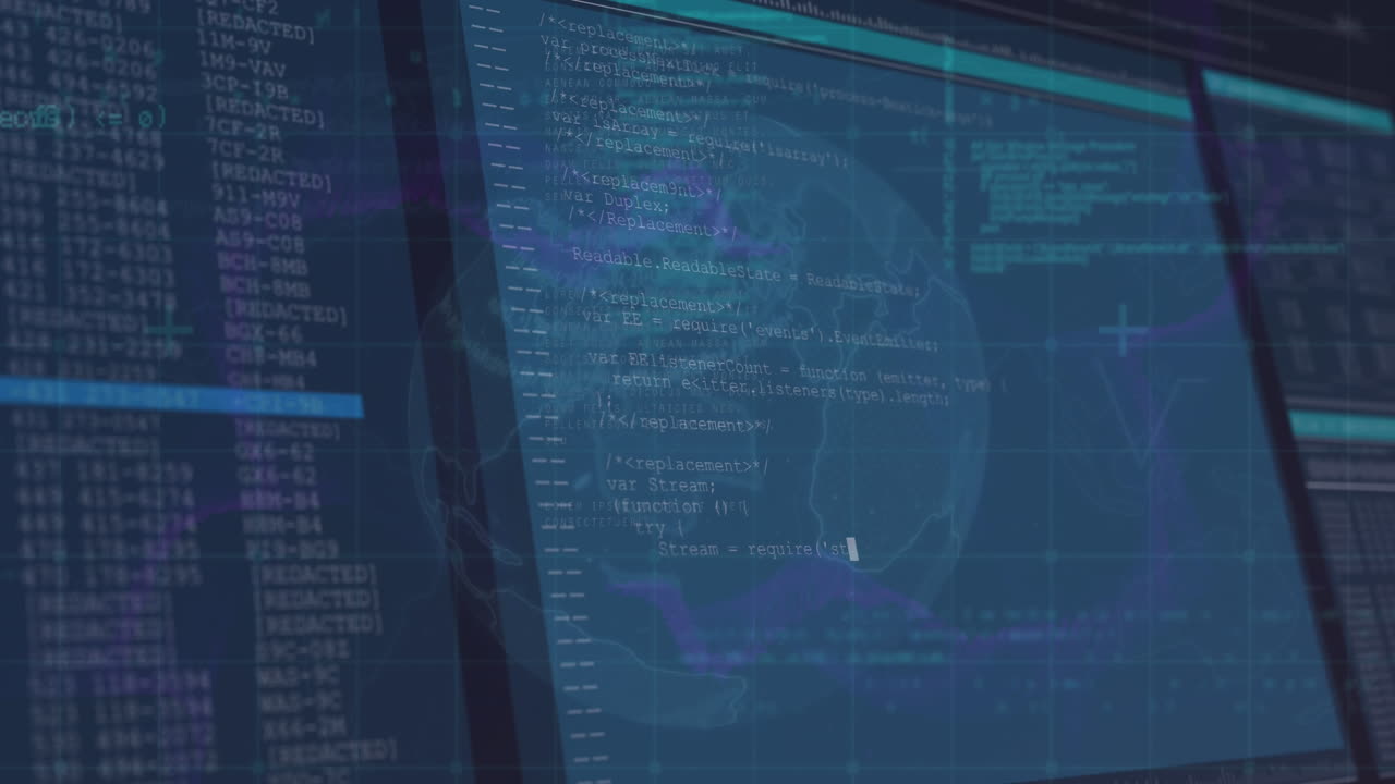 animación del procesamiento de datos financieros en pantallas azules sobre un fondo oscuro