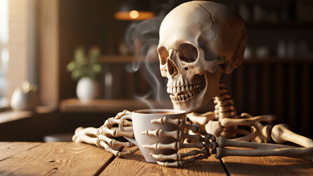 Skeleton holding a hot cup of coffee. A skeleton head and bony hands holding a steaming cup of coffee in a cozy café atmosphere
