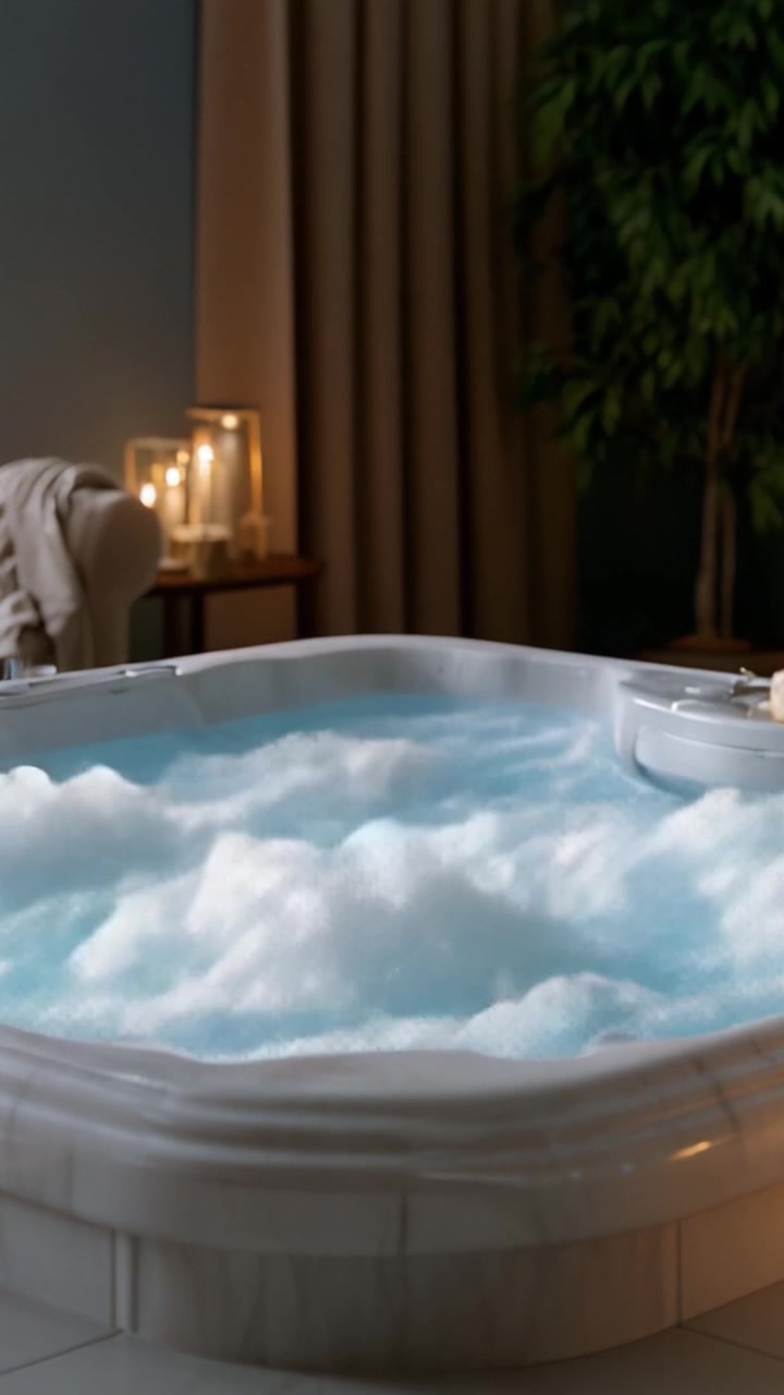 Indulgenza spa serena: una fuga rilassante in un lussuoso ambiente con vasca idromassaggio che mostra acque tranquille e schiuma delicata per il massimo comfort e ringiovanimento.