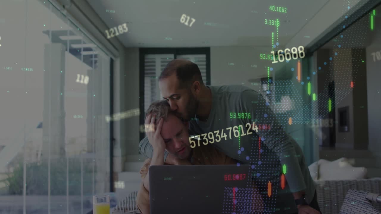 Animation of financial data processing over diverse male couple using laptop