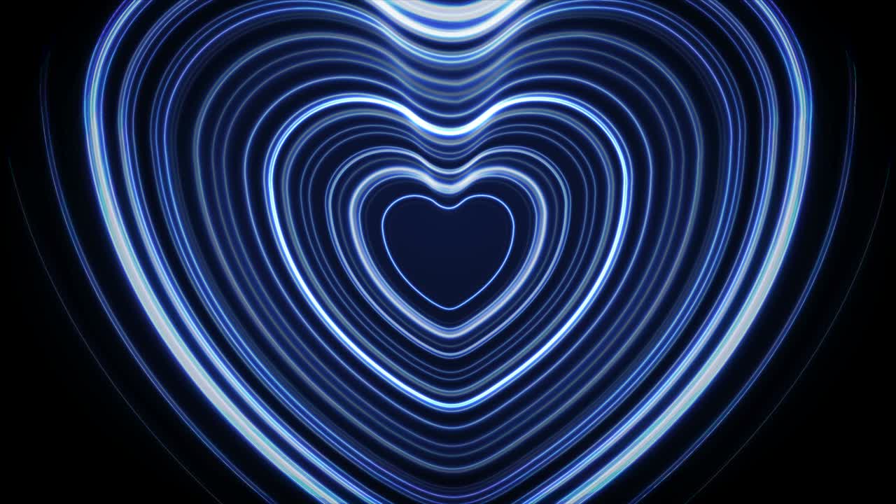 Blue neon glowing laser hearts abstract motion background