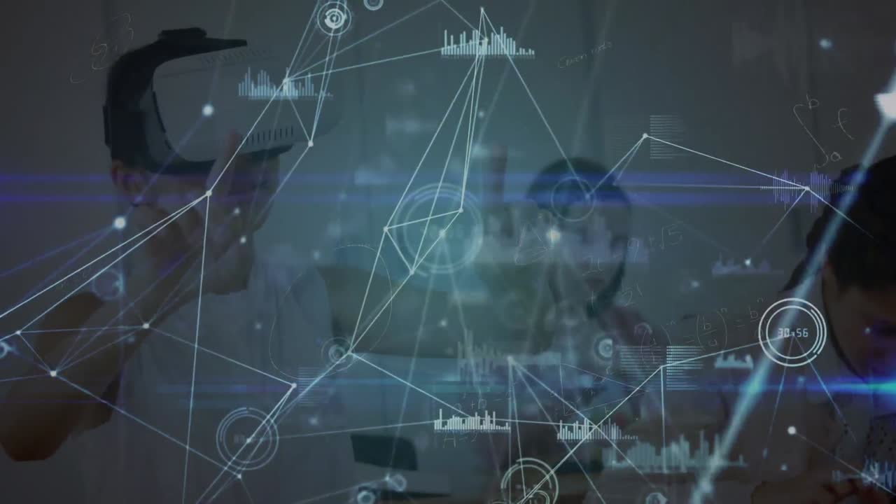 학교에서 vr 헤드 ⁇ 을 착용하는 백인 소년에 대한 연결 네트워크의 애니메이션