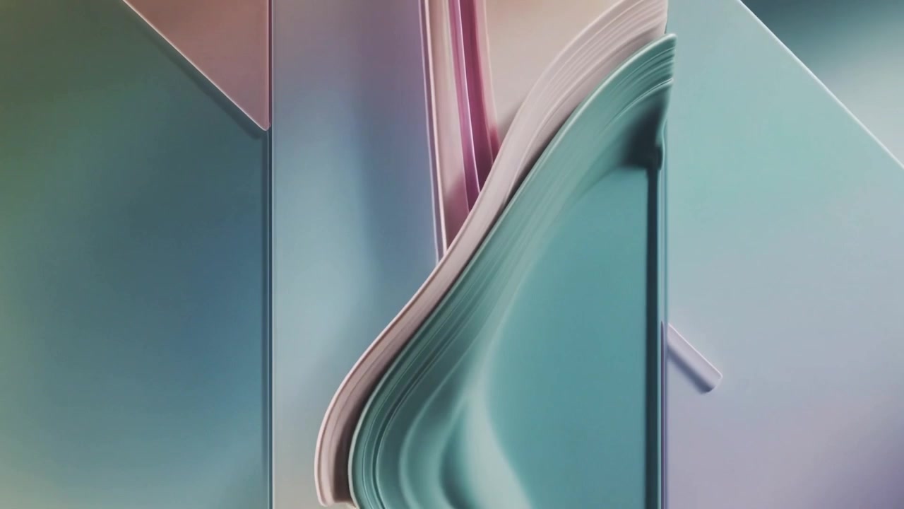 Painel central em expansão, folhas empilhadas se desprendendo em camadas onduladas com lombada magenta em cenário abstrato.