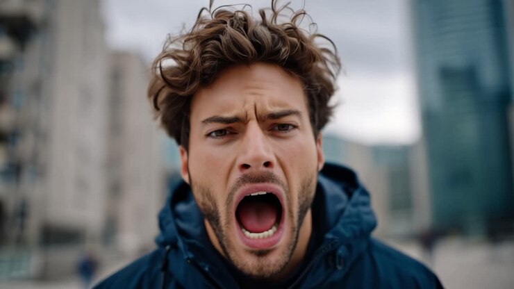 Un homme exprimant des émotions intenses, manifestant frustration et passion dans un cadre urbain moderne, soulignant la complexité des expressions et de la communication humaines.