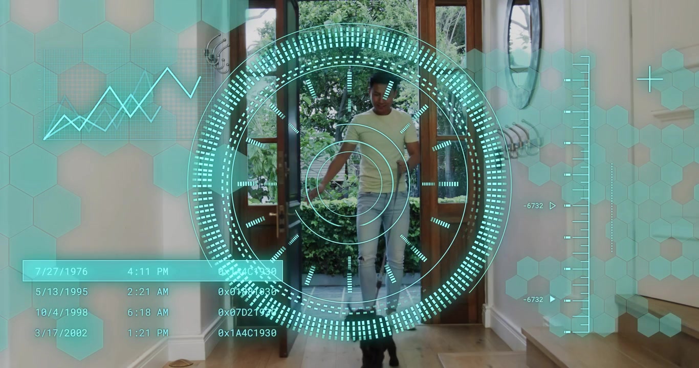 AR HUD scanning door unlocking as man guiding dog inside using device deactivating home security