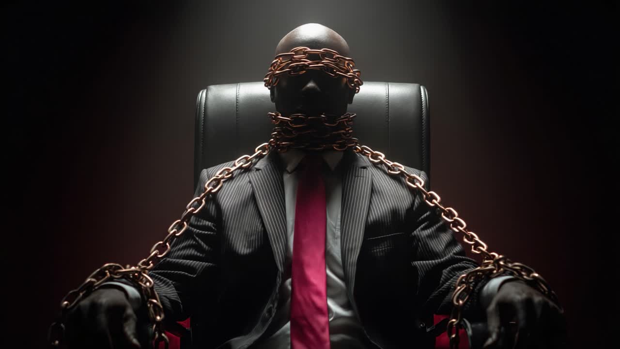 A Captivating Transformation: The Striking Imagery of a Figure Bound by Chains, Symbolizing Constrain and Power Dynamics in a Darkened Environment
