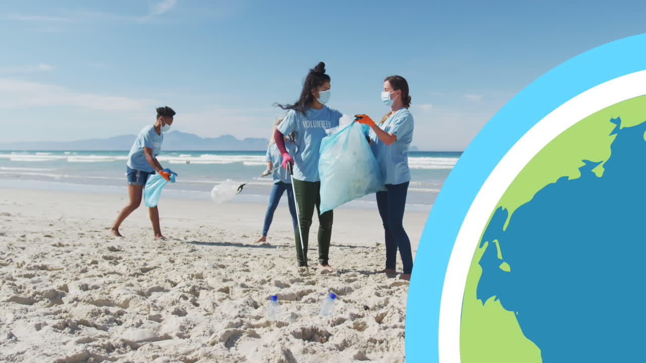 바 ⁇ 가에서 쓰레기를 모으는 얼굴 마스크를 입은 다양한 그룹의 전 세계 비디오