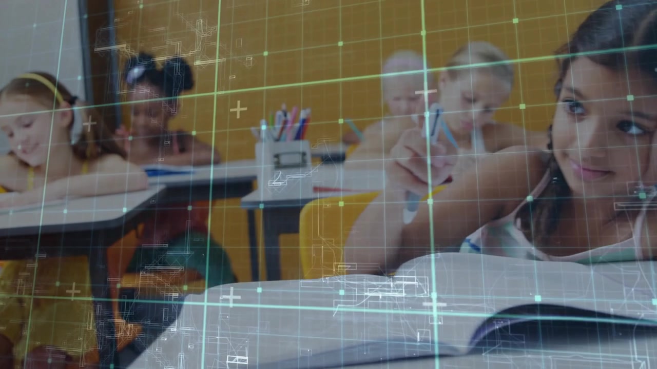 Boy scribbling on desk sparking grid overlay in school while girl balancing marker contemplating