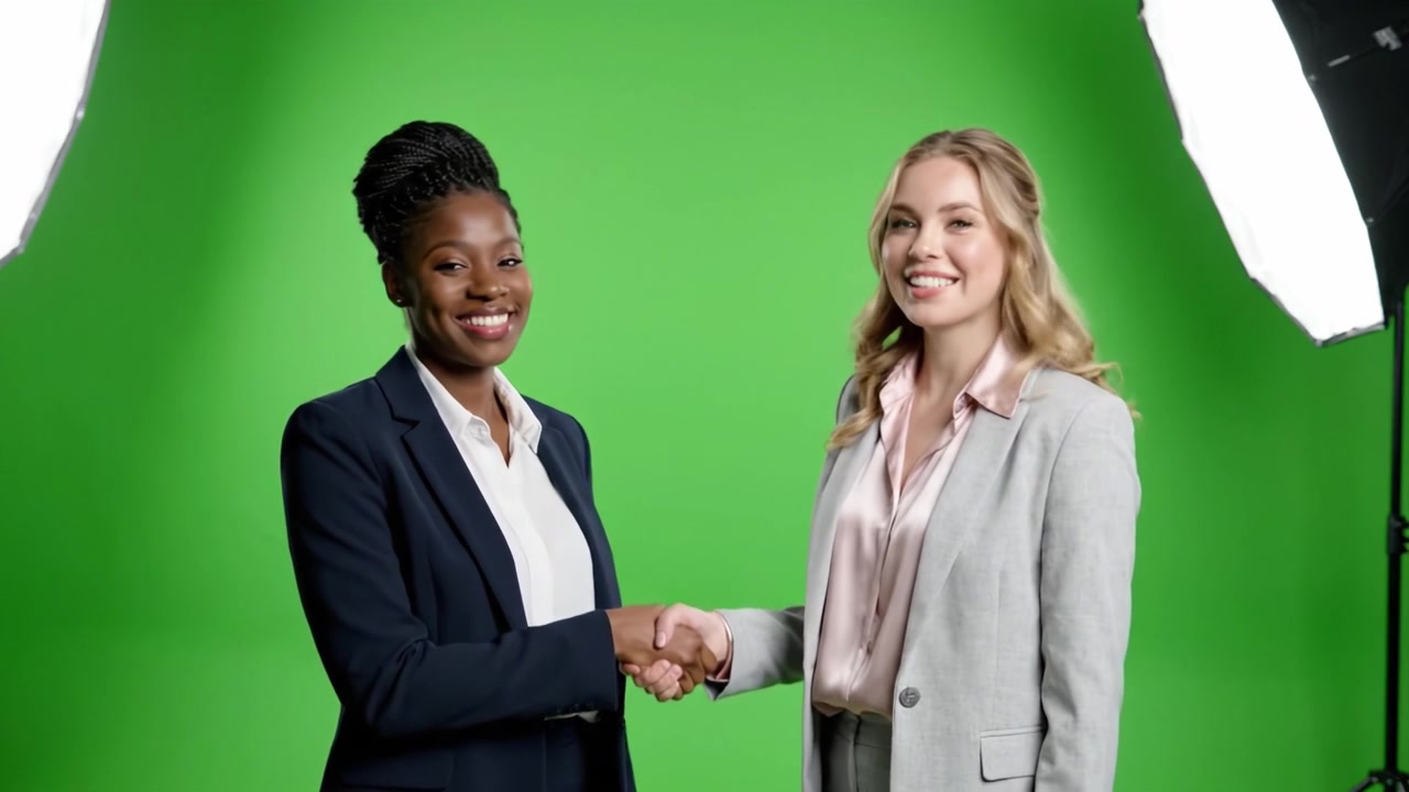 Due Donne Professioniste che Sorridono Insieme su uno Sfondo Verde Brillante: Un Momento di Connessione Evidenziato dall'Illuminazione da Studio