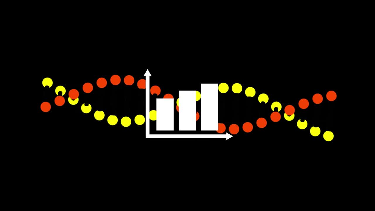 Animación de una cadena de ADN girando con marcadores sobre fondo negro