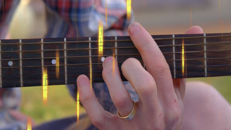 animation of globe with network of connections and icons over caucasian man playing guitar