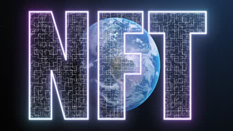 Animation-of-nft-text-over-globe-on-black-background