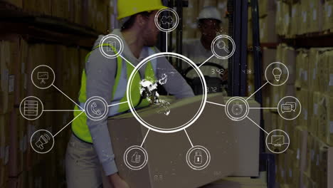 lifting box, warehouse workers with logistics network animation above them