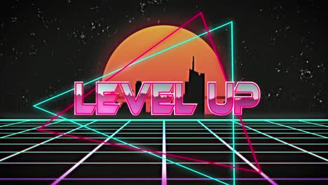 animation of level up text in multicolored triangle against silhouette cityscape and sun