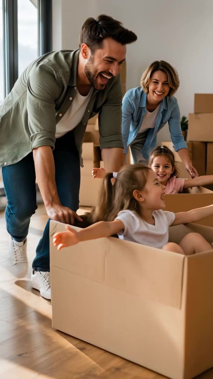 Caucasian Family Pushing Kids In Boxes Parents Smiling Daughters Laughing Cardboard Boxes Turned Into Playful