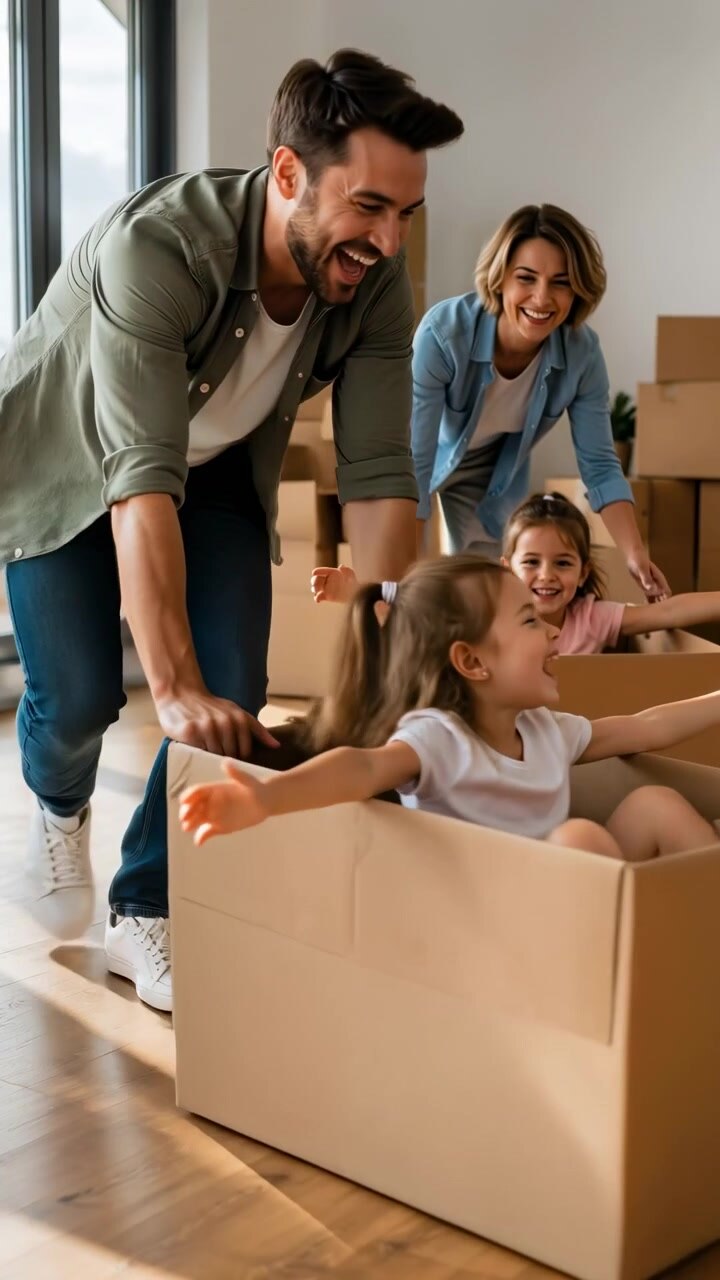 Caucasian Family Pushing Kids In Boxes Parents Smiling Daughters Laughing Cardboard Boxes Turned Into Playful