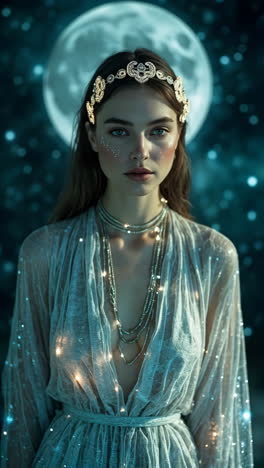Ethereal Woman Under a Celestial Moonlit Sky