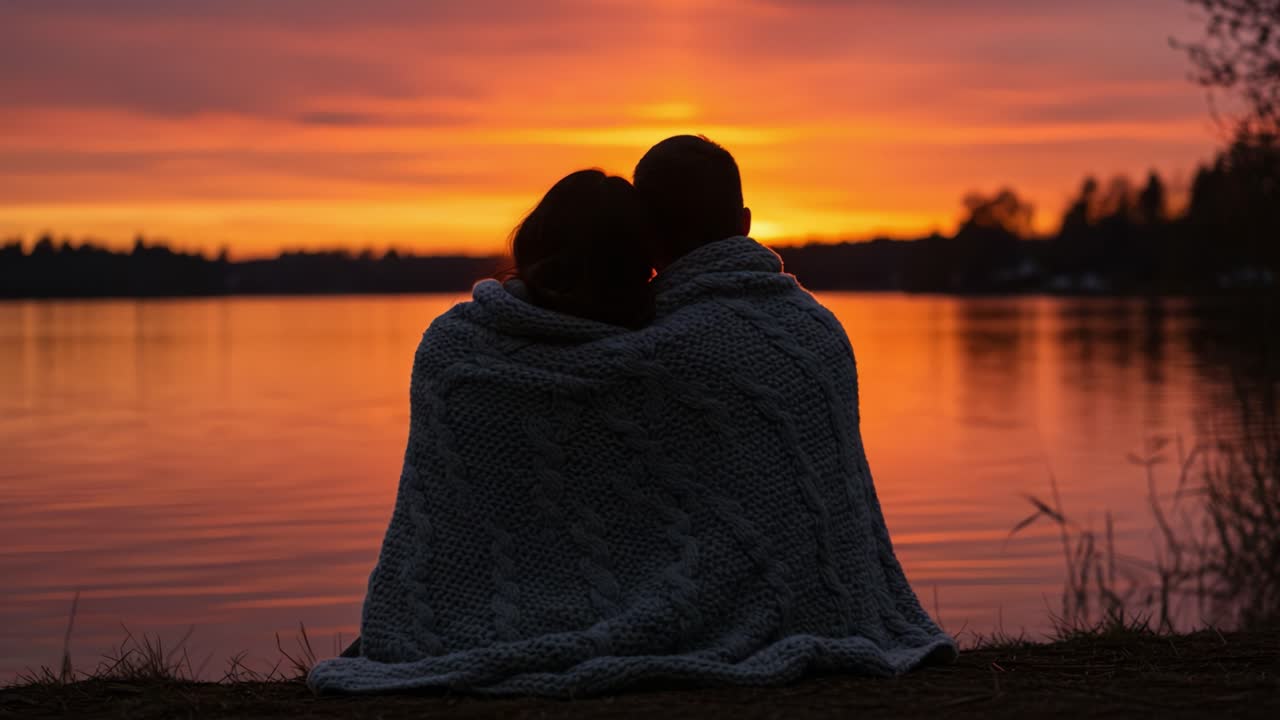 A Romantic Evening by the Lake: Silhouetted Couple Watching a Beautiful Sunset While Snuggled Under a Cozy Blanket, Surrounded by Nature's Beauty