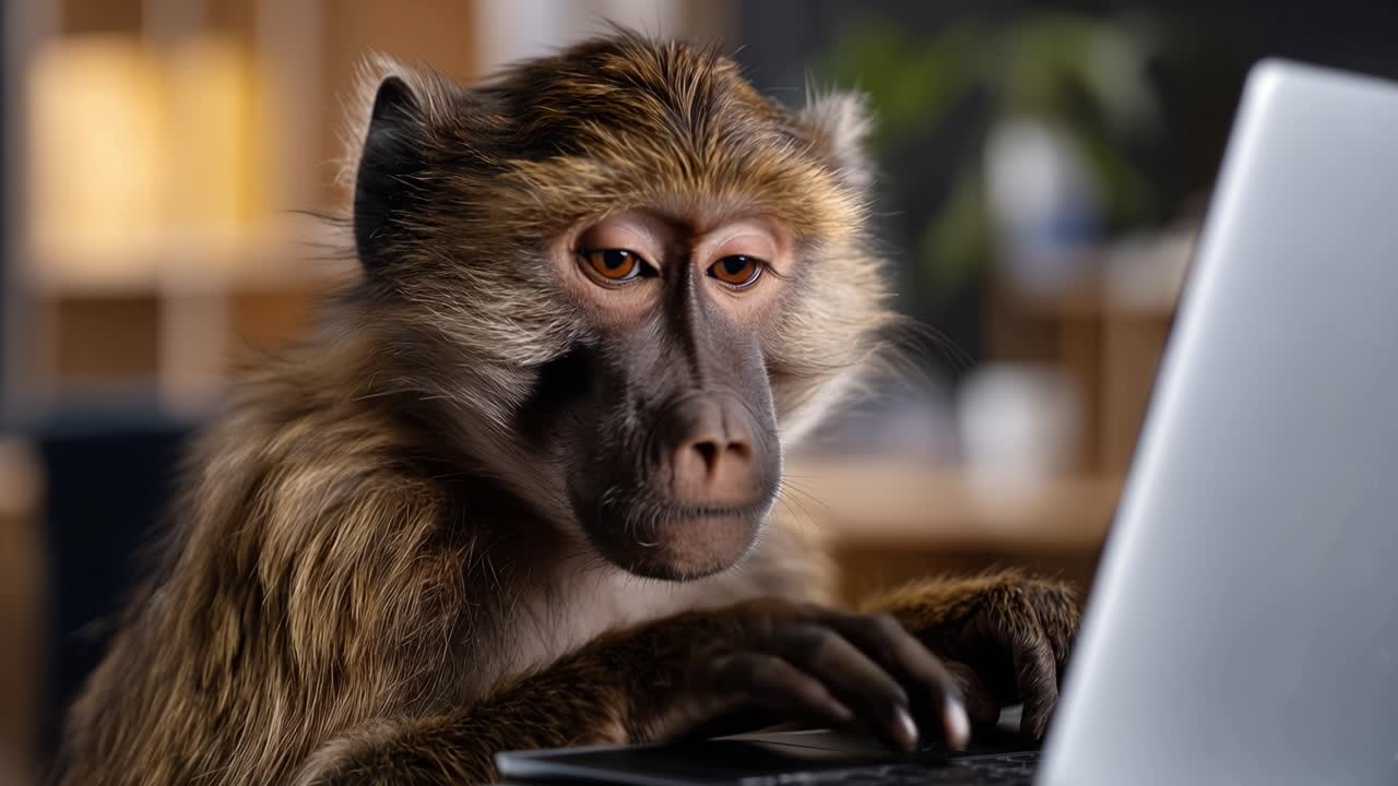 Scimmia digita su un laptop con sguardo concentrato. Occhi curiosi incontrano la telecamera durante una sessione di lavoro. La situazione suggerisce un uso della tecnologia oltre i limiti umani. Un primate dal pelo marrone siede alla scrivania con un dispositivo moderno.