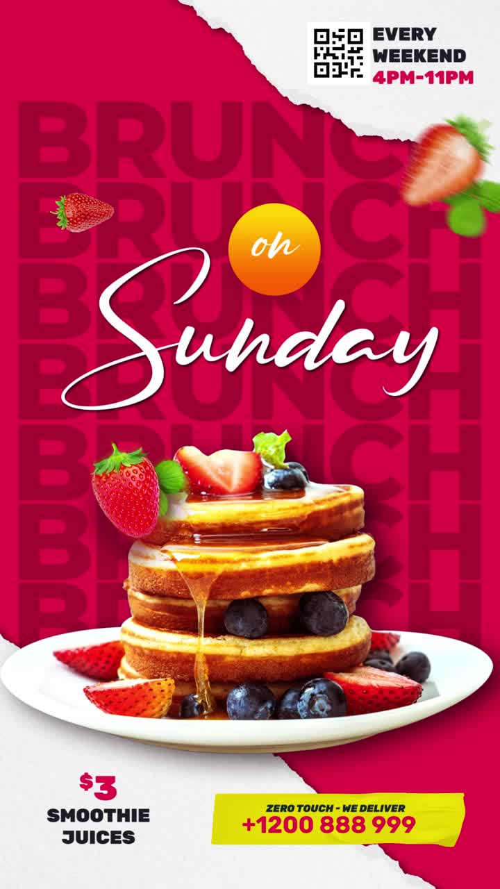 Animeret brunchkampagne med pandekager og bær