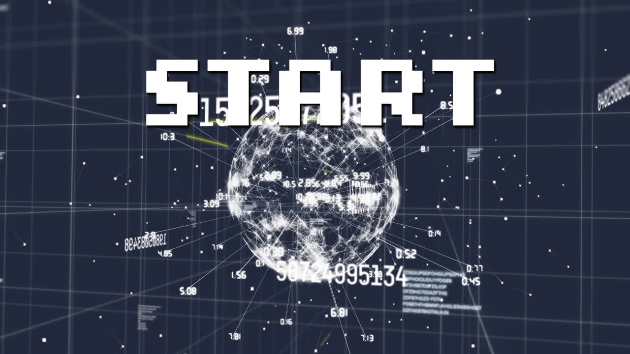 Animation of start text over network of connections and data processing on grid
