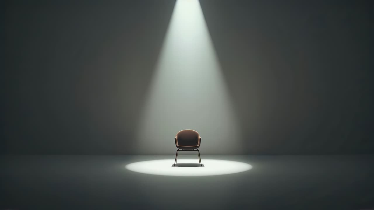 Spotlight tightening and camera zooming toward cushioned armchair on stage, highlighting light pool