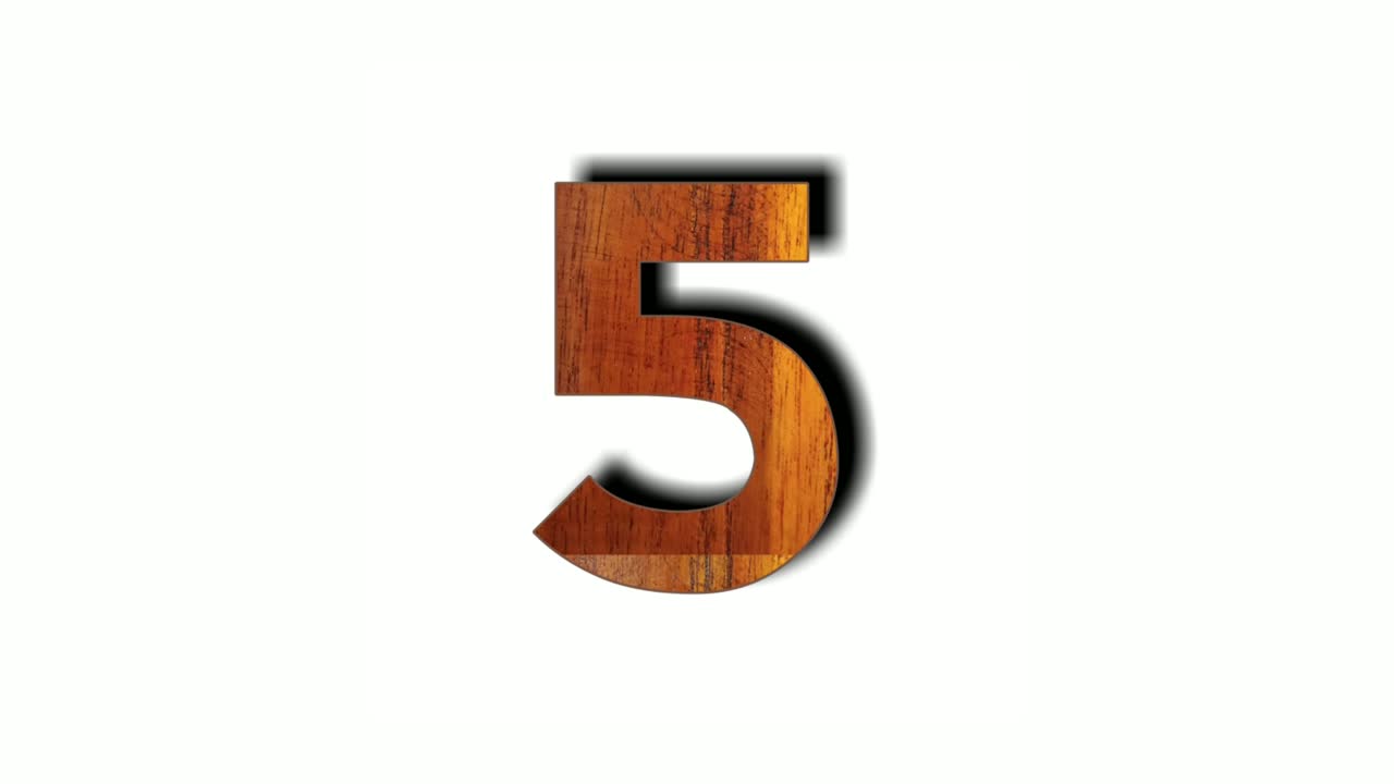 Wooden number 5 five animation isolated on white background. Motion graphics numbers sign symbol for video element