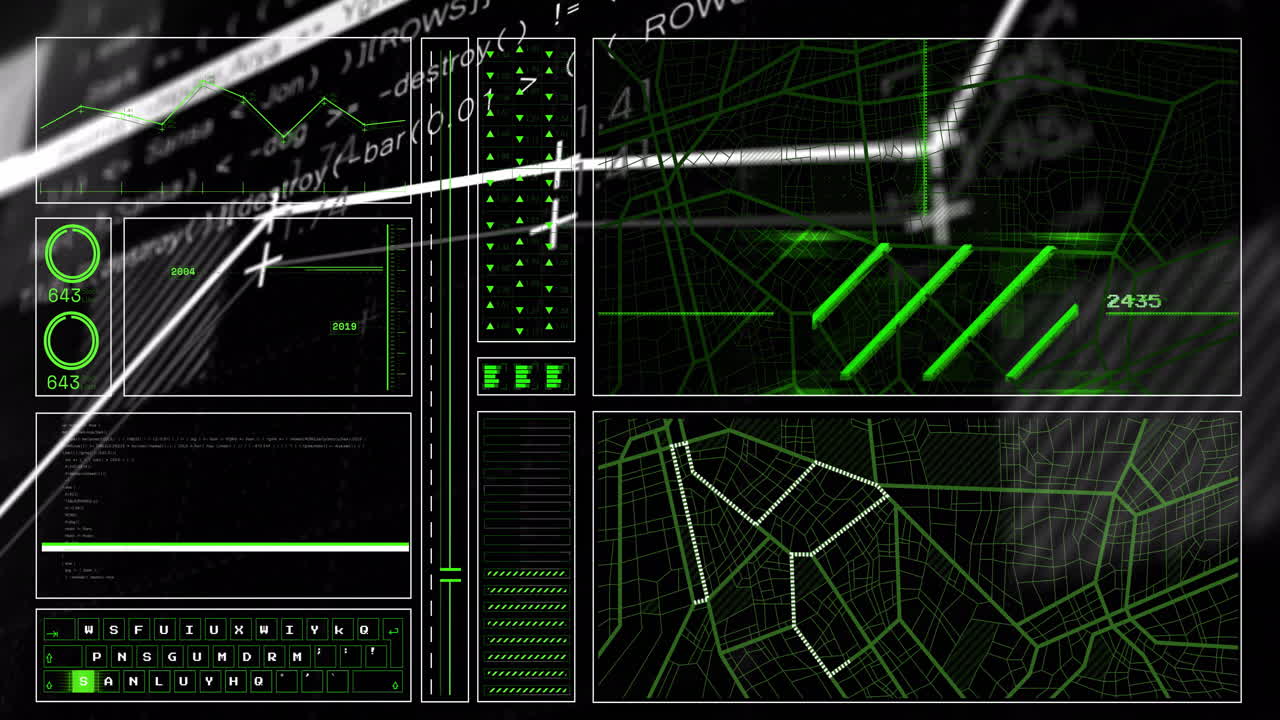 Animation of futuristic digital interface with green grid patterns in school setting