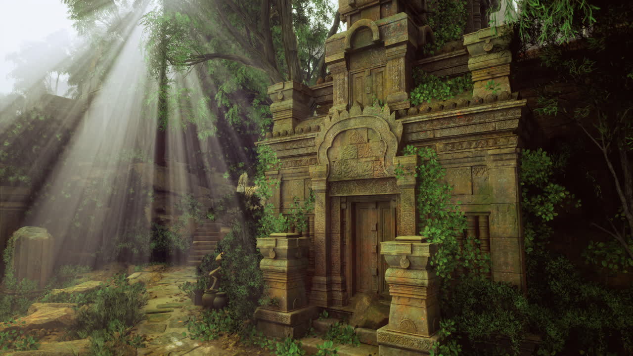 Ancient temple nestled in lush forest with sunlight filtering through trees