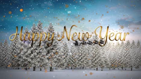 animation of happy new year text over santa claus in sleigh with reindeer over winter landscape