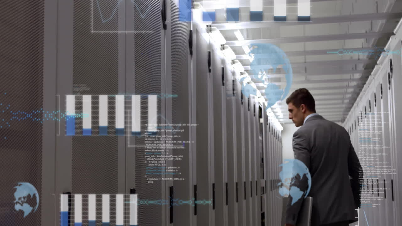 Walking through server room, businessman analyzing digital data processing animation