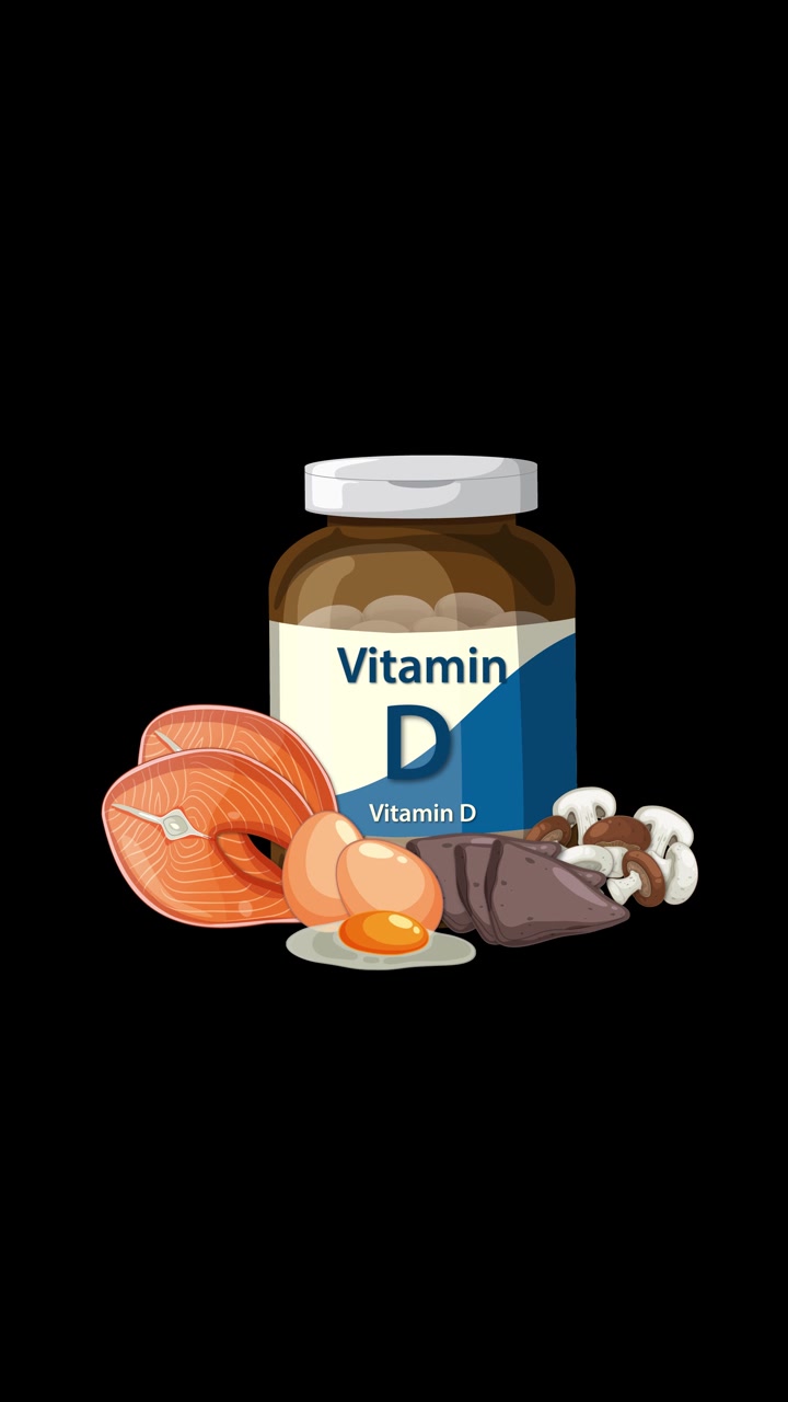 Flacone di Vitamina D con salmone, funghi, uova e manzo appare su sfondo nero, animazione fluida